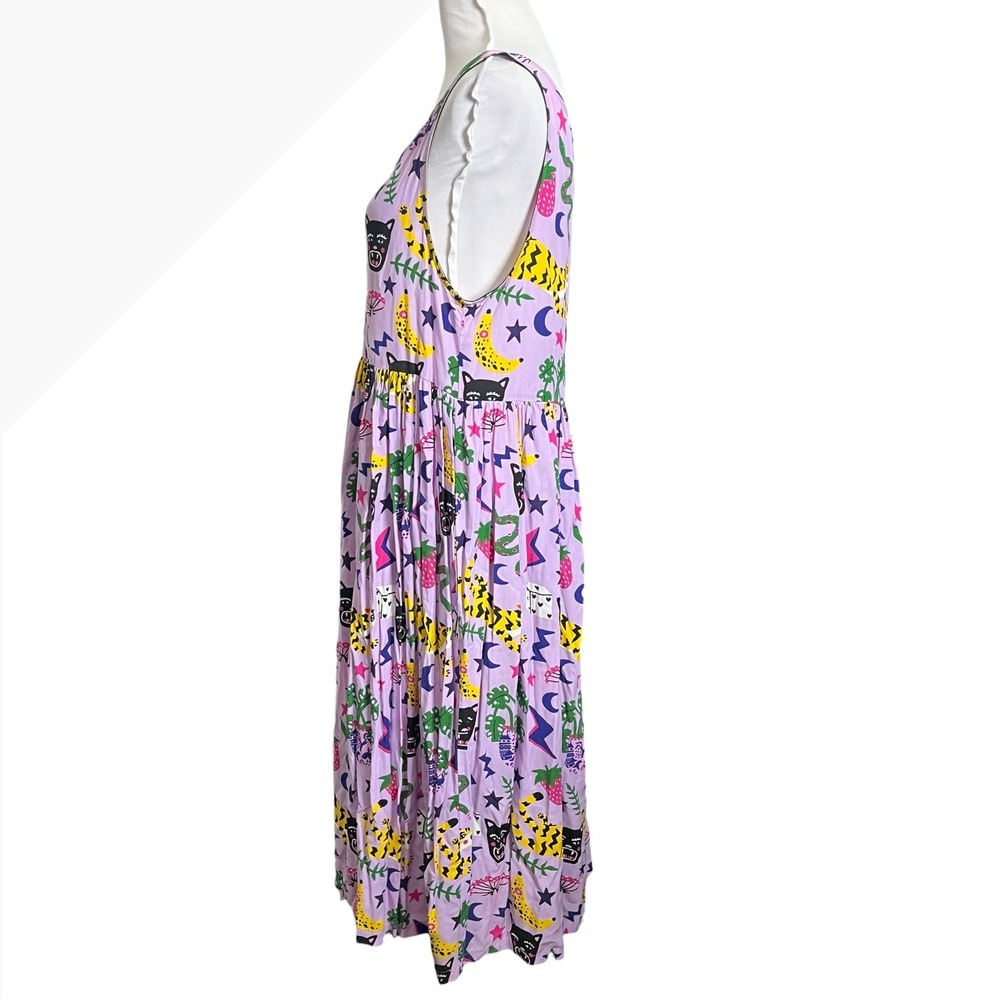 Nooworks Naomi Dress Hasting Print Purple Retro Rayon Midi Sleeveless Medium - Picture 6 of 9